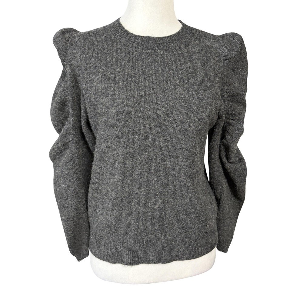 FRAME Sweater Womens M Gray 100% Cashmere Puff Sleeve Crew Neck Knit Pullover